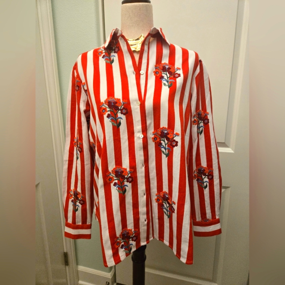 Sezane MAXY ROSE ๐น Embroidered Flowers on Red And White Stripes Size 34 - Picture 3 of 11